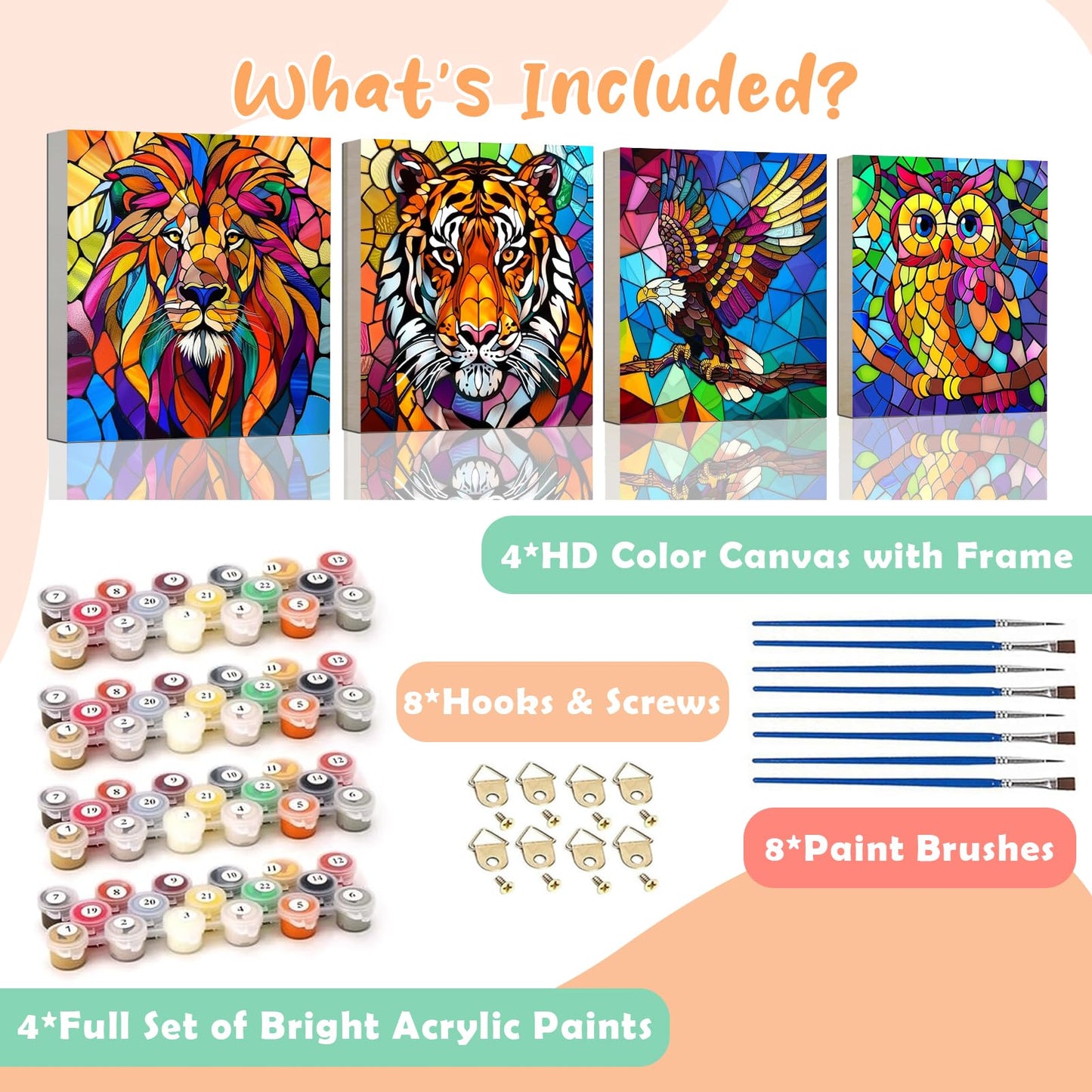 4 Pack Paint by Numbers Kit for Kids Easy Kid Paint by Number Kits Ages 8-12 Animal DIY Painting Kits for Kids Age 4-8 Beginner Paint by Number Canvas with Frame Children Color by Numbers Kit 8x8 Inch