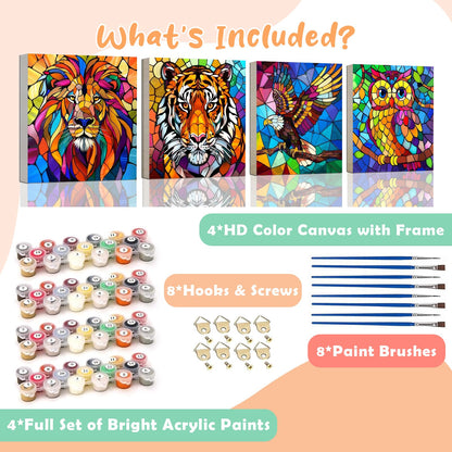 4 Pack Paint by Numbers Kit for Kids Easy Kid Paint by Number Kits Ages 8-12 Animal DIY Painting Kits for Kids Age 4-8 Beginner Paint by Number Canvas with Frame Children Color by Numbers Kit 8x8 Inch