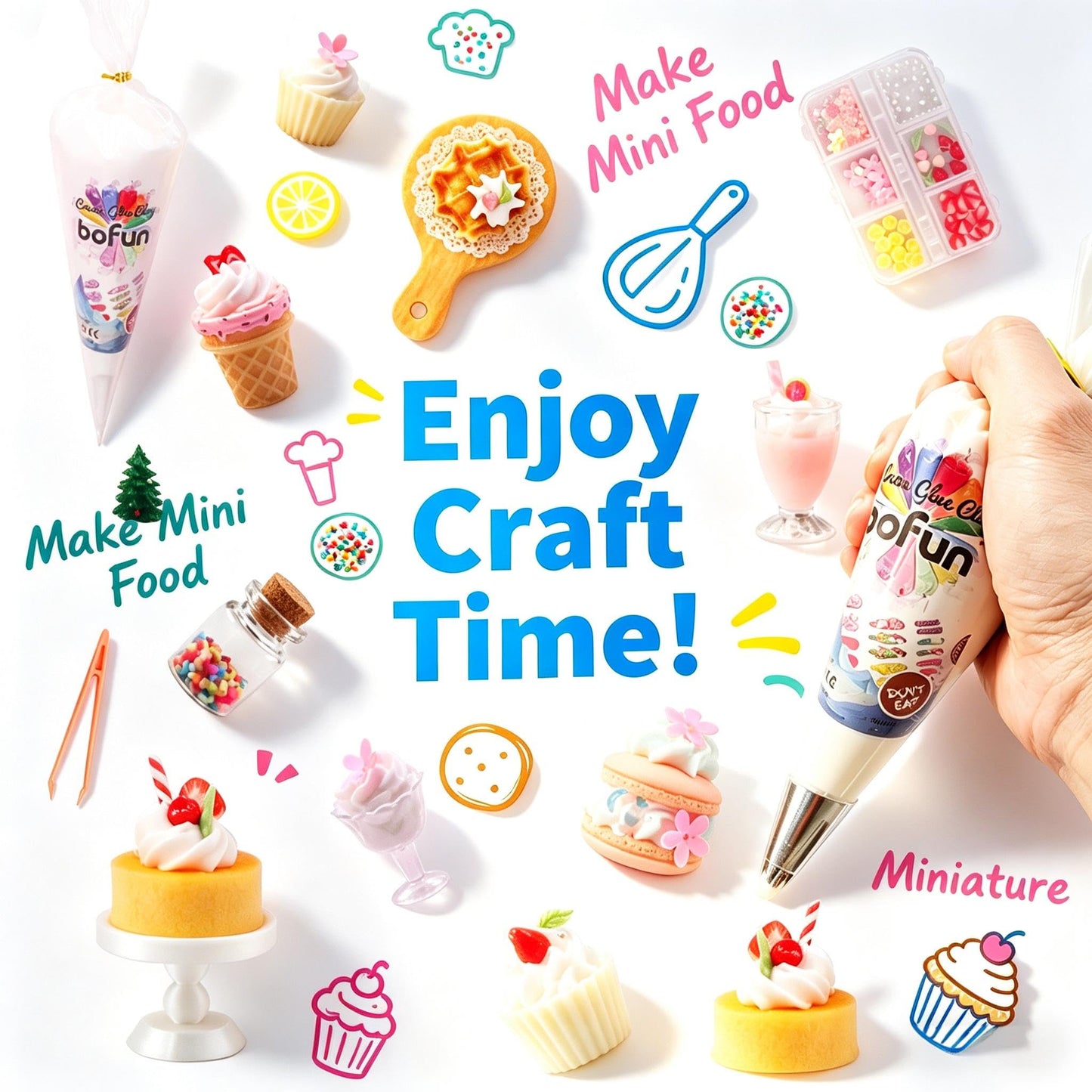 BoFUN Miniature Dessert Craft Kit, DIY No-Bake Mini Food Set with Display Frame for Teens & Adults - Ideal for Dollhouse Decor, Fake Cake & Ice Cream Making