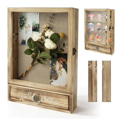 11" x 16" Shadow Box Display Case & Shadow Box Frame - Wooden Wedding Shadow Box with High-Definition Glass, Removable Shelves, Drawer and Linen Lining, for Preserving Photos, Flowers and Keepsakes