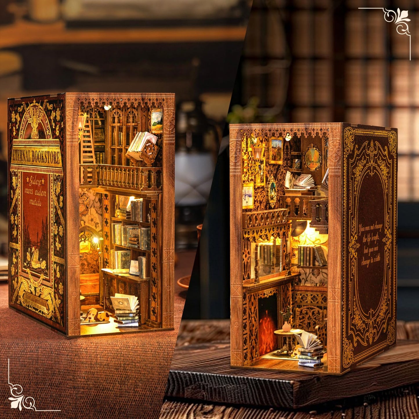 Cutefun Book Nook Kit Library, DIY Miniature Booknook Kit for Adults, 3D Wooden Puzzle Bookend Bookshelf Decor with LED Light & Dust Cover Christmas Crafts Gifts for Book Lovers (Eternal Bookstore)