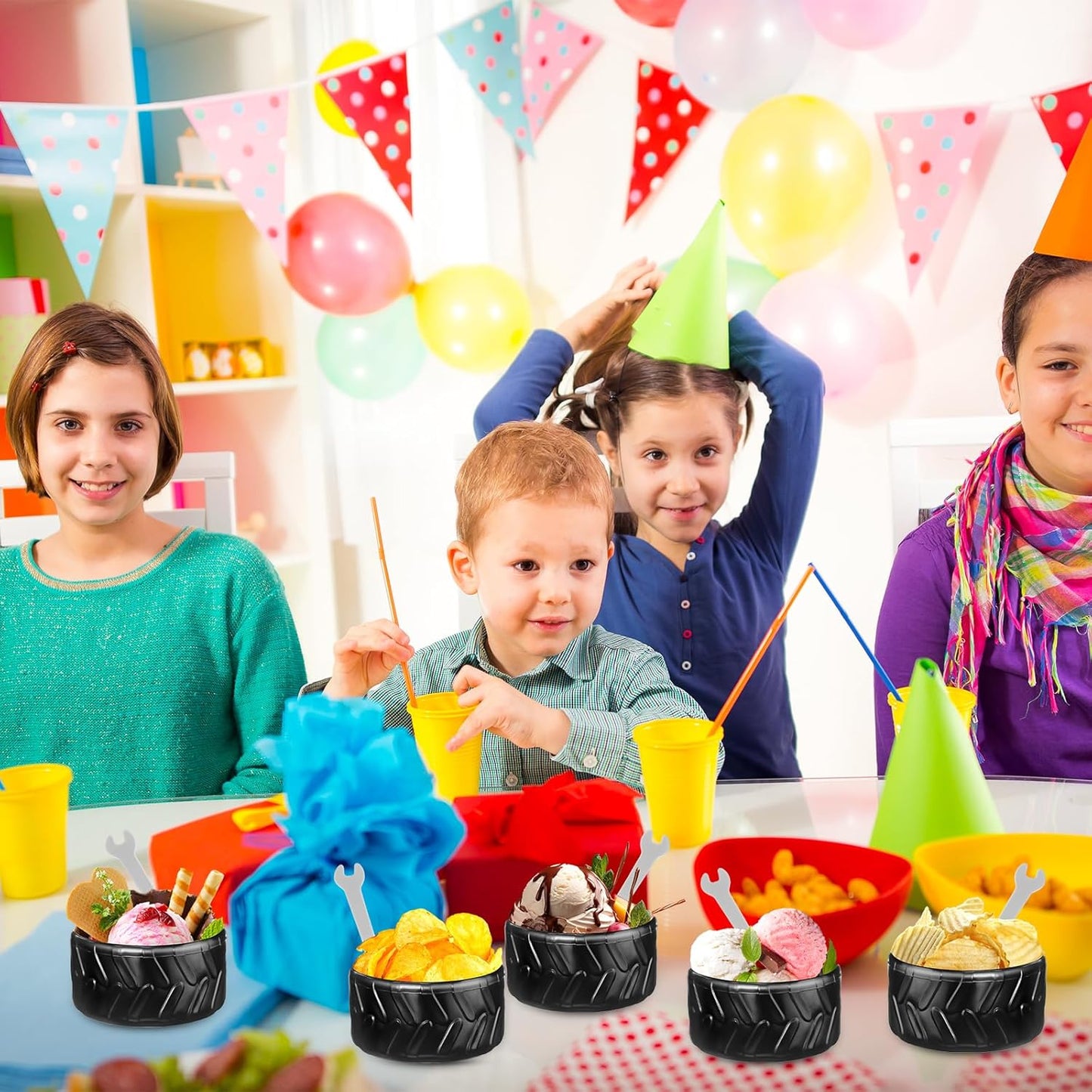 24 Sets Set, Frozen Uiifan Truck Wheel Ice Cream Bowls Spoon Plastic Race Car Party Yogurt Cups with Spoons Sturdy
