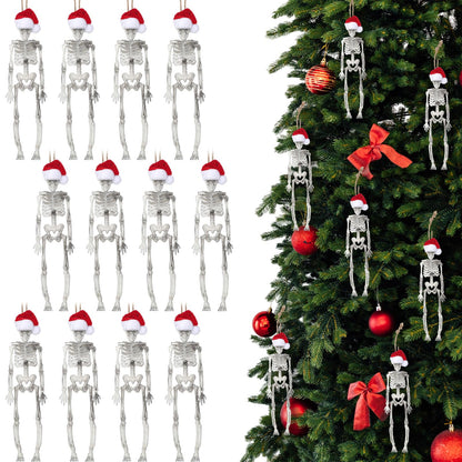 Silipull 12 Pcs Christmas Skeleton Figurine with Santa Hat 7.3 Inch Skeleton Santa Claus Tree Hanging Ornament Mini Skeletons Figurines for Christmas Indoor Outdoor Party Decoration