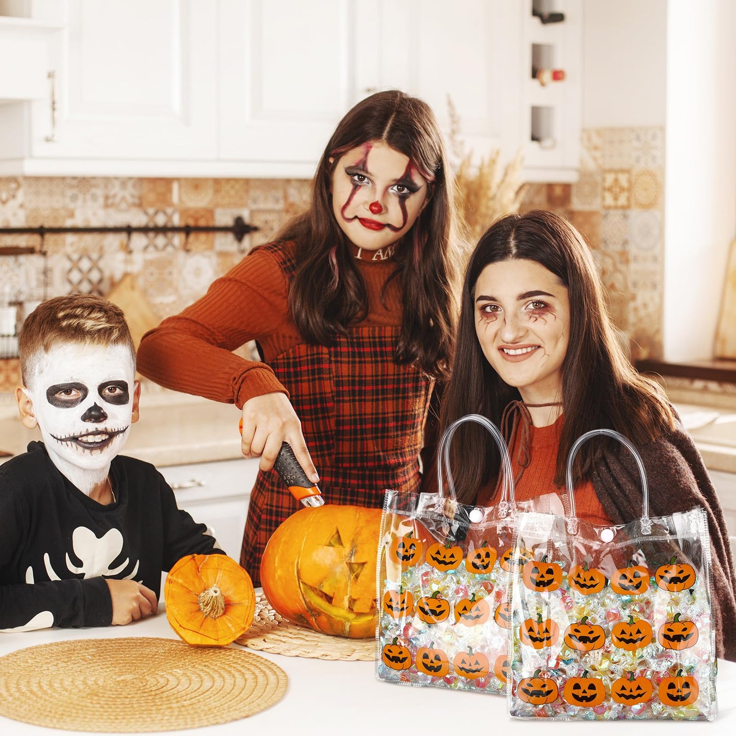 Kosiz 24 Pcs Halloween Clear Gift Bags Pumpkin Goodie Bag Halloween Party Favors PVC Treat Bags Bulk with Handle for Candy, Autumn Thanksgiving Party Supplies