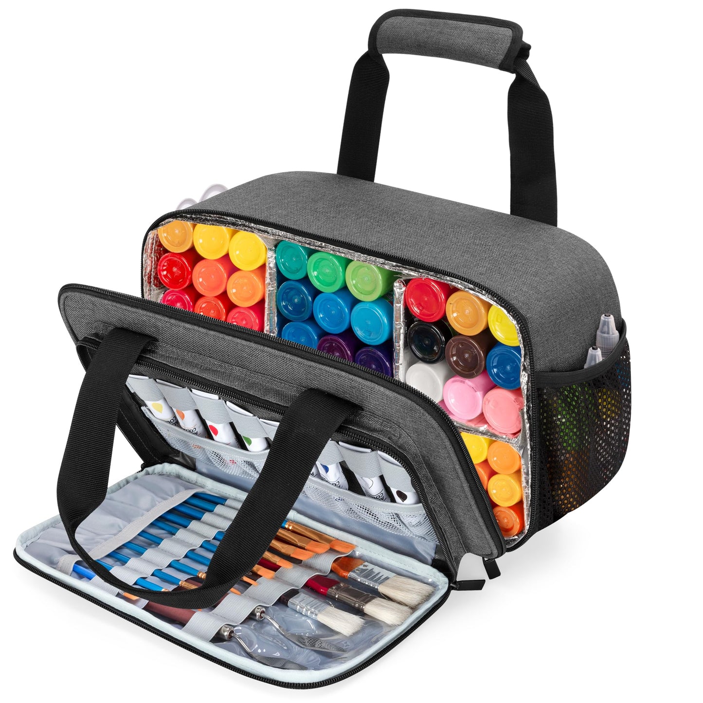 Acrylic Paint Organizer Bag for up to 54 Bottles (2 oz), Art Supply Storage Case with Handle Strap, Extra Pocket for Paint Brushes, etc, Aluminum Foil Liner for Easy Cleaning, Patented Design (Grey)