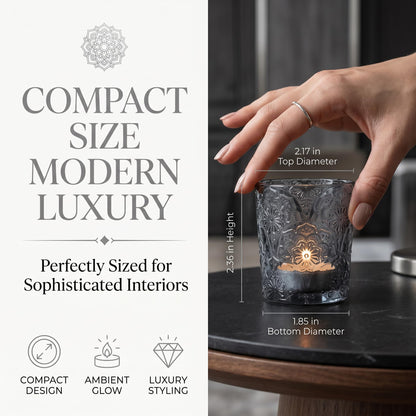 12 Pack Mandala Embossed Glass Candle Holders – Votive Tealight Holders with Patent Design, Decorative Embossed Glass Cups for Wedding Centerpieces, Parties, and Home Décor (Smoky Quartz)