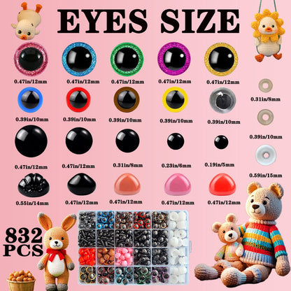 Safety Eye Tool Kit for Amigurumi & Crochet-1150PCS 3D Glitter Safety Eyes,5-30mm Stuffed Animals Safety Eyes Doll Making Supplies,Safety Eye 10-30mm Sizer Tool,Ergonomic Design for Crafting (Pink)
