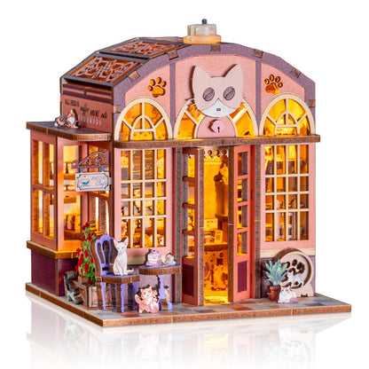 3D Book Nook DIY Kit with Batteries Light Cat Cafe Theme Wooden Building Toy House for LED Magic Book Nook Lover Bookend Bookshelf DIY Miniature Gift for Adults