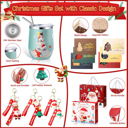 Skylety 24 Pcs Christmas Gifts Bulk for Coworker Employee Women Men 6 Sets with 12oz Christmas Wine Tumblers Keychains Greeting Cards and Gift Bags for Xmas New Year Party Favors(Classic)