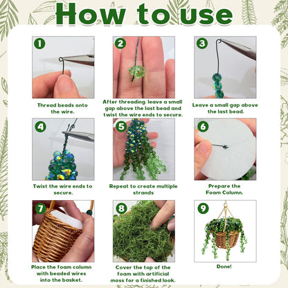 GUJYUYIF Beaded Plant Kit Green Glass Beads for Plant Making with Rattan Basket, Hanging Suncatchers Beading Kit for Jewelry Making DIY Craft Kit Plants
