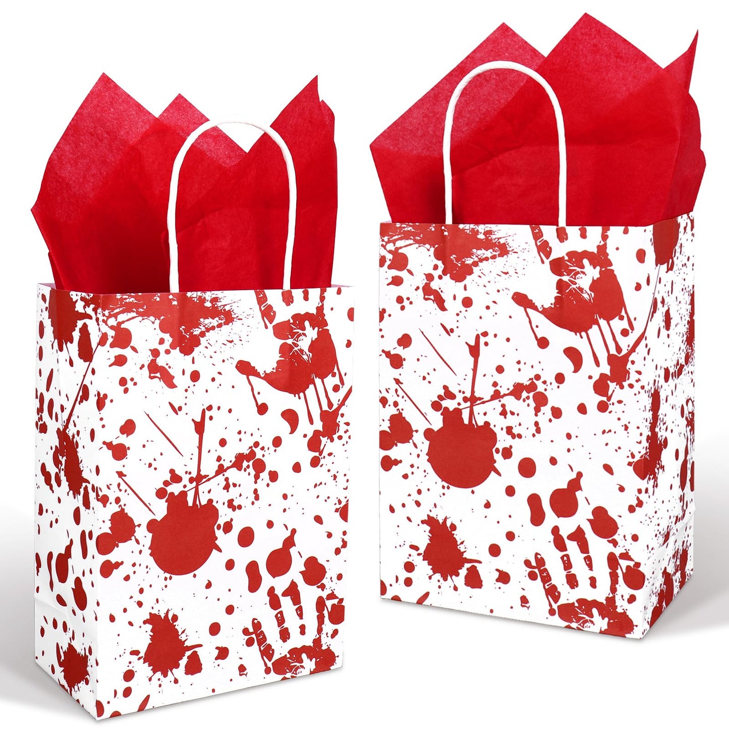 JarThenaAMCS 24 Pcs Halloween Paper Gift Bags with Handles and Tissue Paper Red Bloody Handprint Party Favor Bags for Gift Candy Goodie Snacks Trick or Treat Wrap Party Favors Supplies Decorations