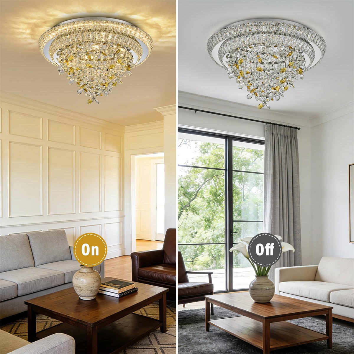 24 inch Sliver LED Crystal Ceiling Light, Flush Mount Chandeliers with Remote and APP Control, 3CCT Dimmable, Modern Elegant Raindrop Chandelier Light Fixture for Bedroom Dining Room Living Room Foyer