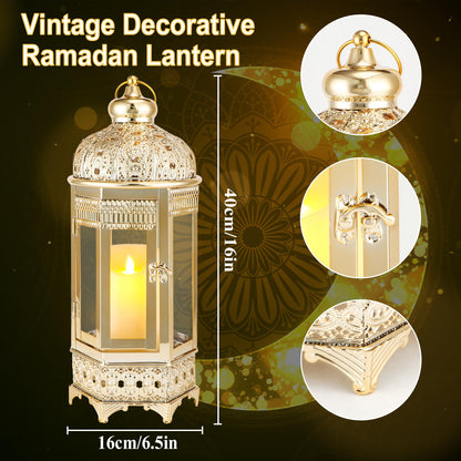 TRIROCKS Moroccan Candle Lantern16'' Gold Hexagonal Candle Holder with Tempered Glass Decorative Indoor Outdoor Ramadan Lantern for Living Room Garden Yard Patio Parties Events (Gold)