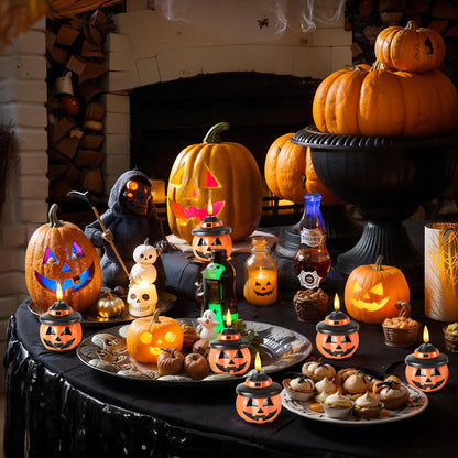 Homemory Real Wax Pumpkin Candles, 4 Pcs Flickering Flameless Candles with 6hrs Timer, LED Halloween Pumpkin Lamp, Battery Operated Lights for Home Halloween Decor, Theme Party, Orange