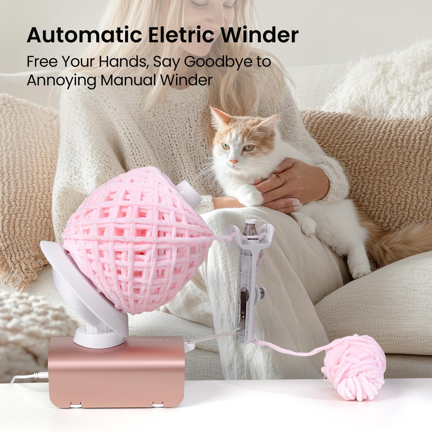 Winartton Electric Yarn Winder, Heavy-Duty Yarn Ball Winder 10 oz Large Capacity, Automatic Yarn Cake Winder Spinner Roller, Crocheting Tools Supplies for Knitting Lovers(Rose Gold)