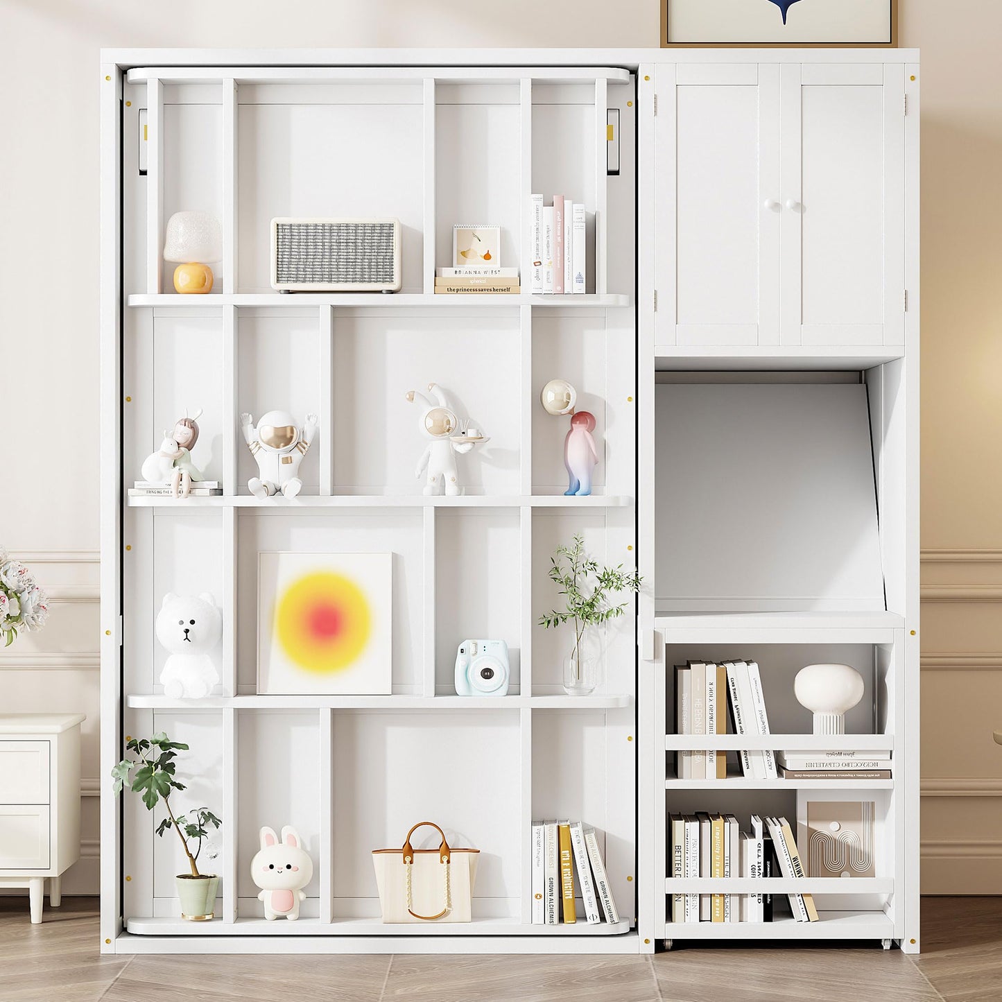 DNYN Rotating Murphy Bed with Top Cabinet and Extendable Desk for Guest/Study Room, Space-Saving Twin Size Wood Foldable Wall Bed Frame with Side Storage Shelf and Bookshelf, No Box Spring Needed