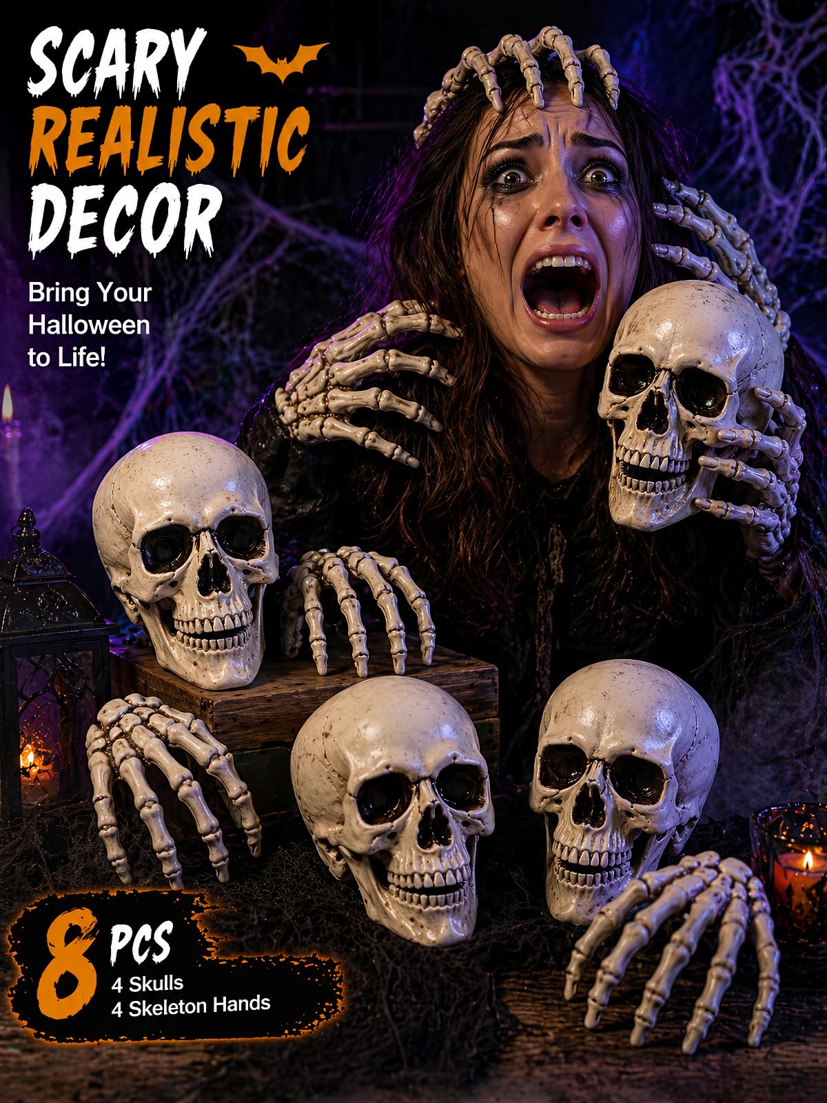 Sivlnian Halloween Skull Decorations Set, 8 Pack Skeleton Heads with Hands, 4.3 Inch Miniature Human Skull Heads, Spooky Haunted House Props for Halloween Party, Yard and Indoor Decorations, Plastic