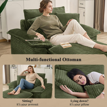 KEIKI 63" Oversized Lounge Sofa Chair with Ottoman, Deep Seat Cloud Couch Bed, Modular 1-Seater Sectional Sleeper Sofa, No Assembly Corduroy Couch for Reading Nook & Cozy Corner