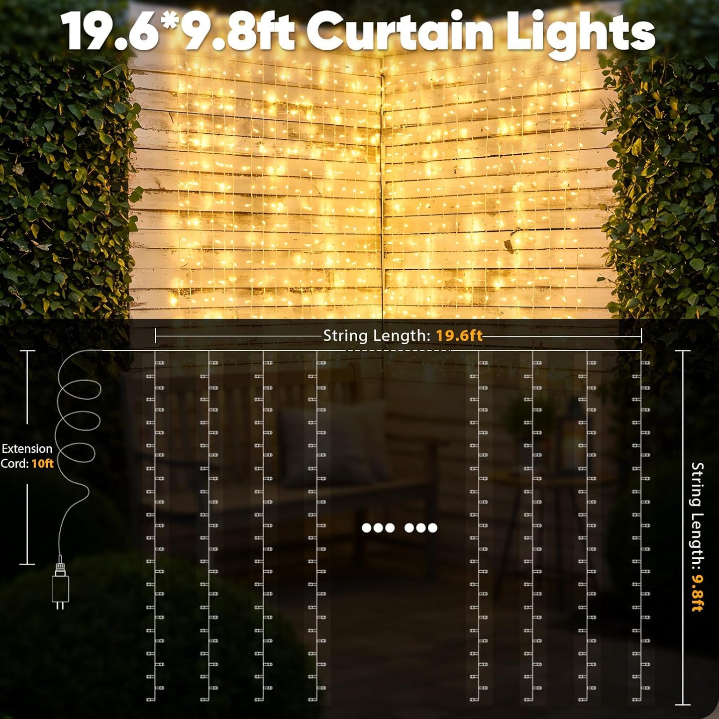 Suddus 600 LED Christmas Curtain Lights - 9.8x19.6ft Outdoor Wall Hanging Lights with Remote | Warm White Decor for Weddings, Parties, and Holidays