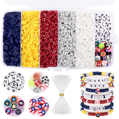 Red White and Blue Clay Beads, Clay Beads for Bracelet Making, Funtopia 5000 Pcs Heishi Flat Round Bead, Friendship Bracelet Kit with Letter Sports Bead, Birthday DIY Craft for Boys Adults