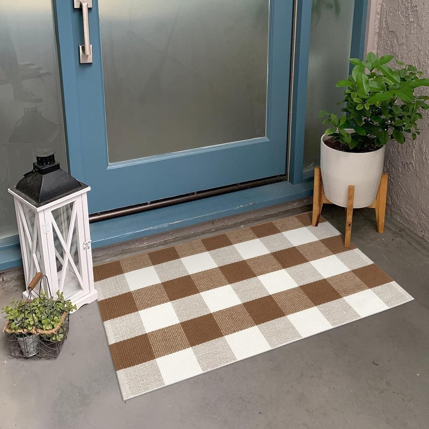 LEEVAN Buffalo Plaid Rug 2x3 Washable Cotton Entryway Rug, Front Porch Decor, Farmhouse Braided Doormat