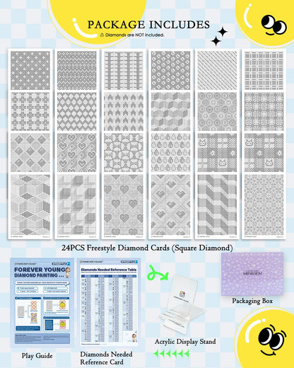 forever young 24 Designs Diamond Freestyle Cards for Beads, 5x7 Blank Diamond Art Cards with Glue for Square Dots for Adults, Postcard-Style Diamond Painting Accessories (No Drills)