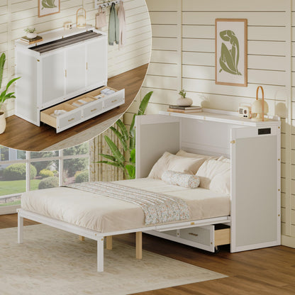 KEIKI Queen Murphy Bed Cabinet with Storage Drawers, Chest Cube Bed for Guest Room, Built-in Sockets & USB Ports, for Home Office or Small Bedroom, White