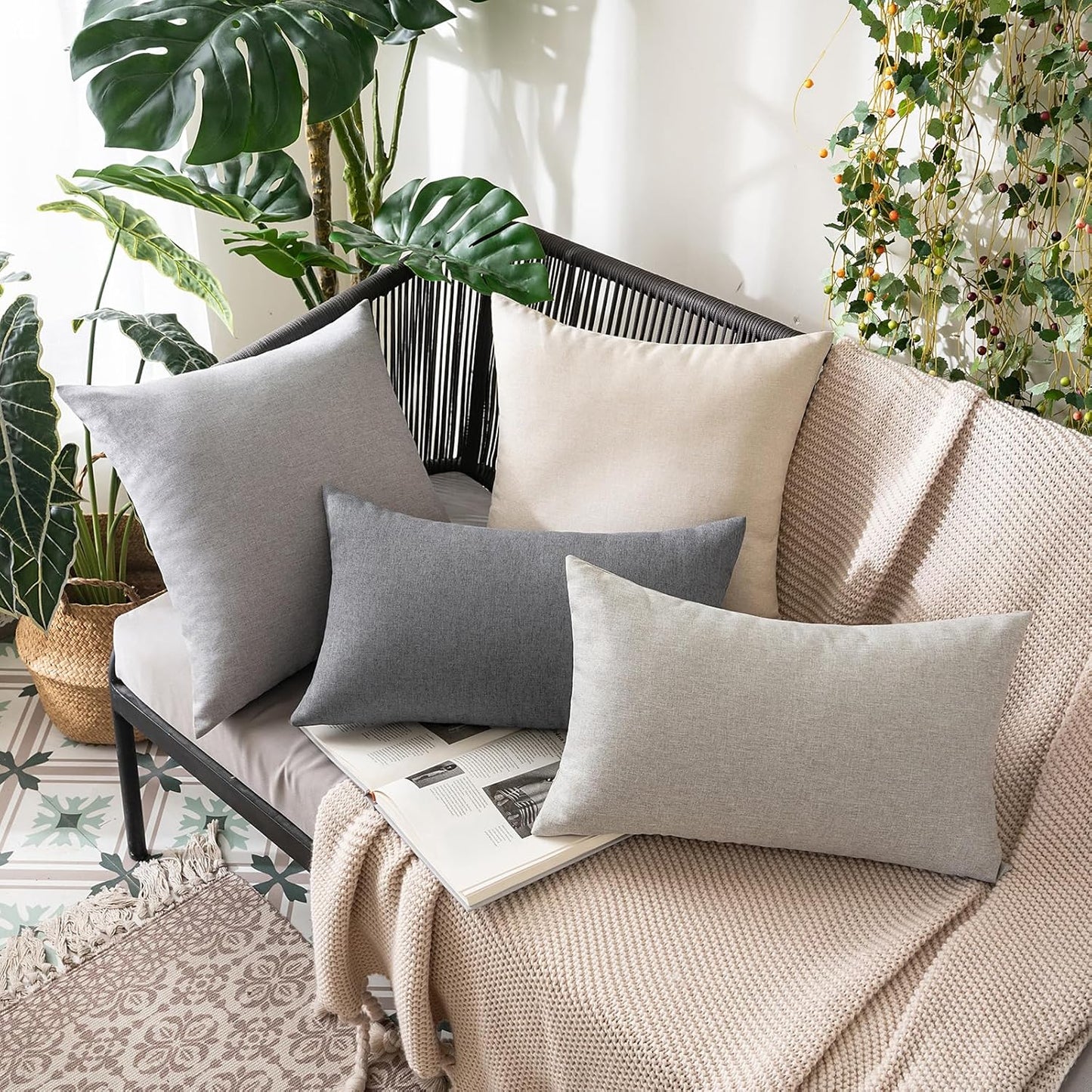 MIULEE Decorative Outdoor Throw Pillow Covers - Waterproof Faux Linen Cushion Cases | 20x20 Inch Light Grey (Pack of 2)