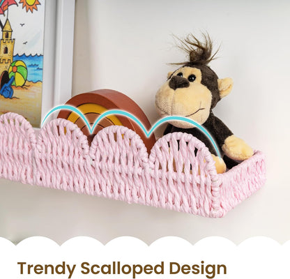 Set 4, AELS Scalloped Nursery Bookshelf, of Picture Ledge Shelf for Wall Decor, Woven Natural Fibre Floating Shelves