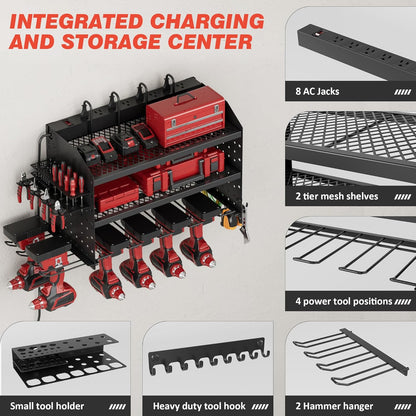 Power Tool Organizer - Wall Mount Charging Station with 8 Outlets | Heavy-Duty Metal Rack, 23-Inch 3-Tier Shelves for Garage & Workshop Storage