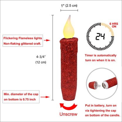 CVHOMEDECO. Glitter Flameless Candles Flickering Battery Operated LED Taper Candles with Timer for Home, Wedding, Halloween, Christmas Decor. Red, 4-3/4 Inch, Set of 3