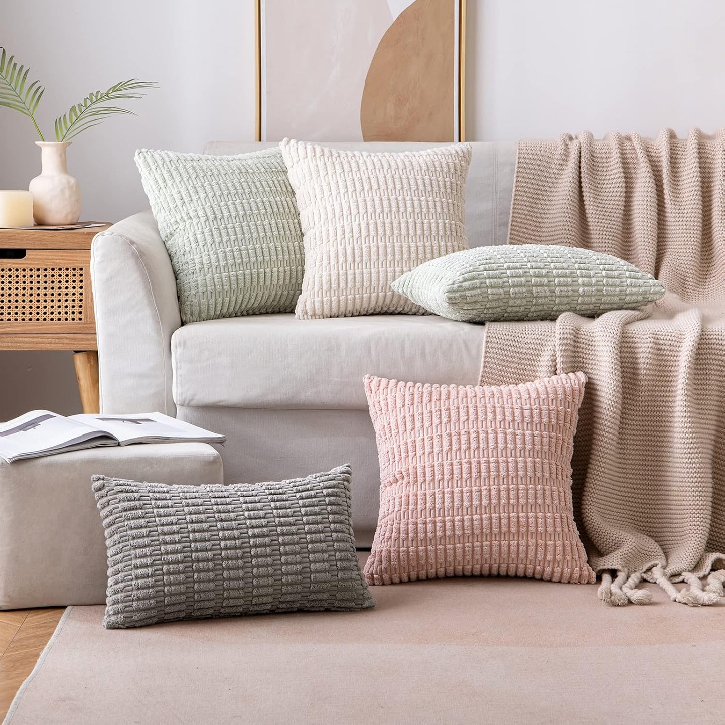 MIULEE Euro Sham Pillow Covers - Soft Boho Striped Corduroy | Set of 2, 22x22 Inch, Cream White