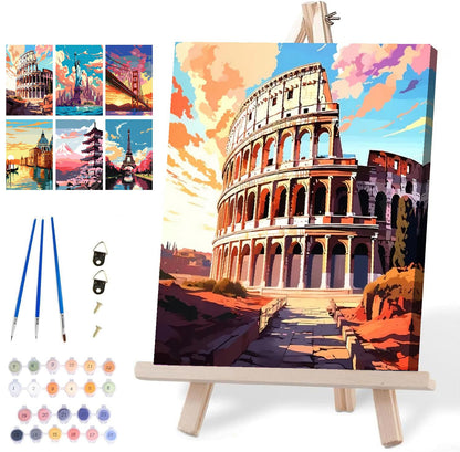 6 Pack Framed Paint by Numbers Kit for Adults Beginners with Wooden Easel,Scenery-Cityscape Easy Adults' Paint-by-Number Kits with Frame,DIY Number Painting Adults for Decor Present 8x12 inch
