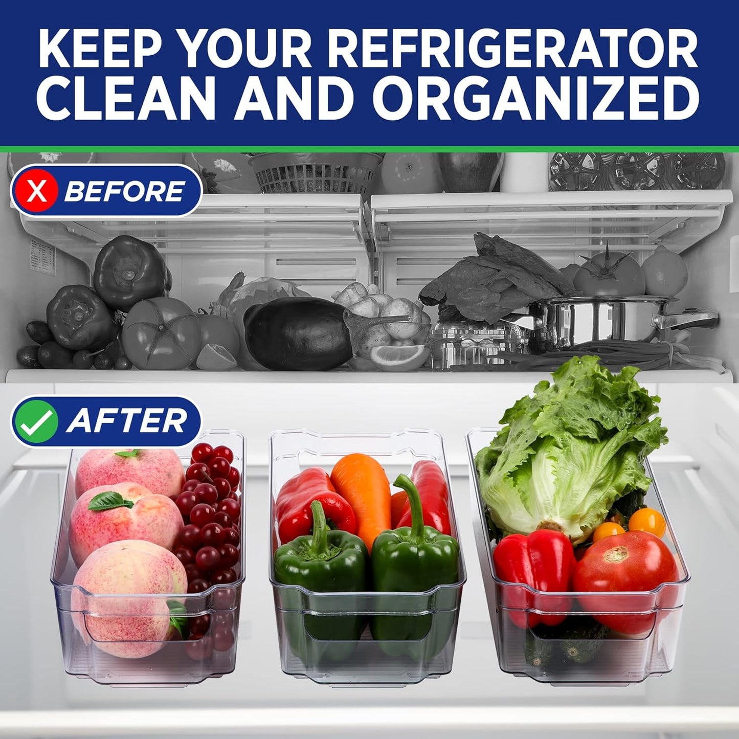 Multi-Purpose Refrigerator Bins - 8 Pieces Stackable Design Fridge Bin Organizer with Easy Grip Handles, Clear