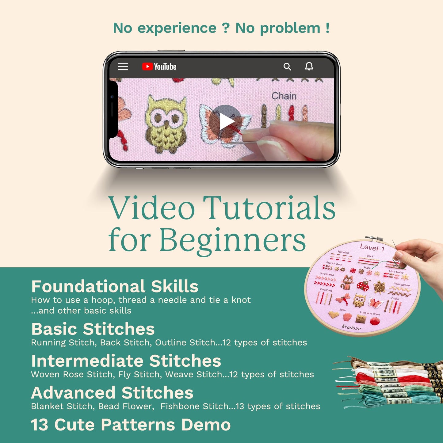 Bradove Beginner Embroidery Kit for Adults Kids, Learn to Embroider 37 Stitches and 13 Cute Patterns, Beginner Embroidery Practice