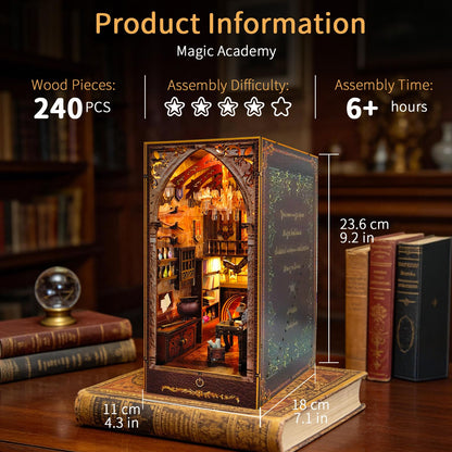 BELEEV Book Nook Kit - DIY Miniature Wooden Booknook with LED Lights, Dust Cover 3D Puzzle Bookend Bookshelf Decor Gift for Adults Teens - Magic Academy