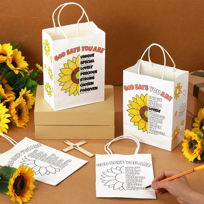 Kolldenn 18 Pcs Sunday School Crafts Religious Coloring Gift Bags VBS God Says You Are Sunflower Bible Verse DIY Craft Kits Christian Color Your Own Bags for Church & Home Activities