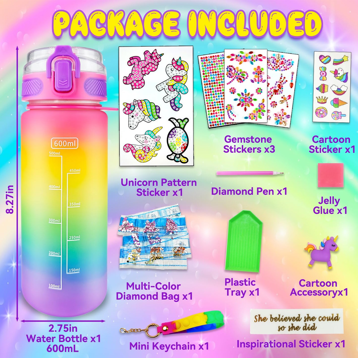 EDSPORTSHOUSE Decorate Your Own Water Bottle Kits for Girls Age 4-6-8-10,Unicorn Painting Crafts,Fun Arts and Crafts Gifts Toys for Girls Birthday Christmas(Unicorn)