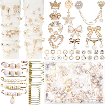 OJKIUH 55Pcs Junk Socks Charms Kit, Gold Brooches and Pins for Women, Pearl and Rhinestone Sock Charms with Safety Pins, DIY Accessories for Decorating and Personalizing Socks