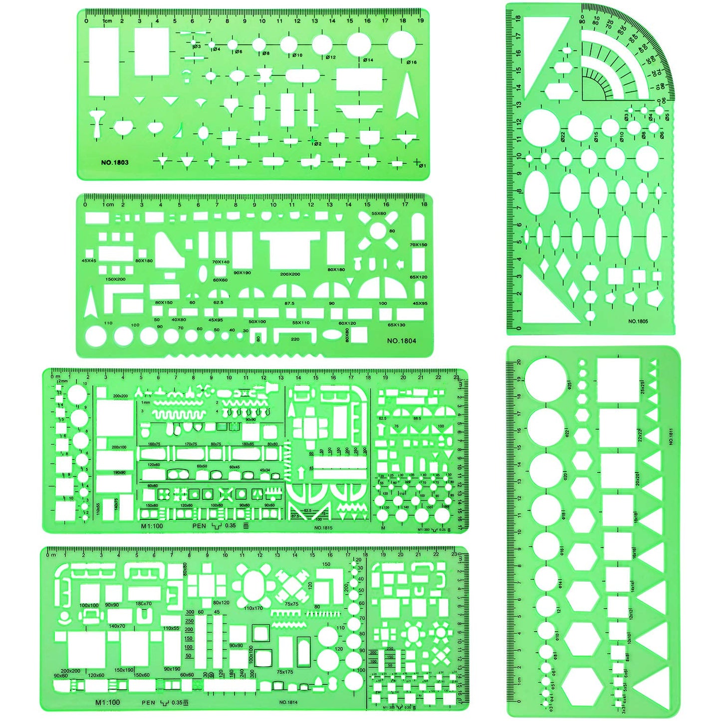 6 Pieces Plastic Measuring Templates Building Formwork Stencils Geometric Drawing Rulers for Office and School, Clear Green