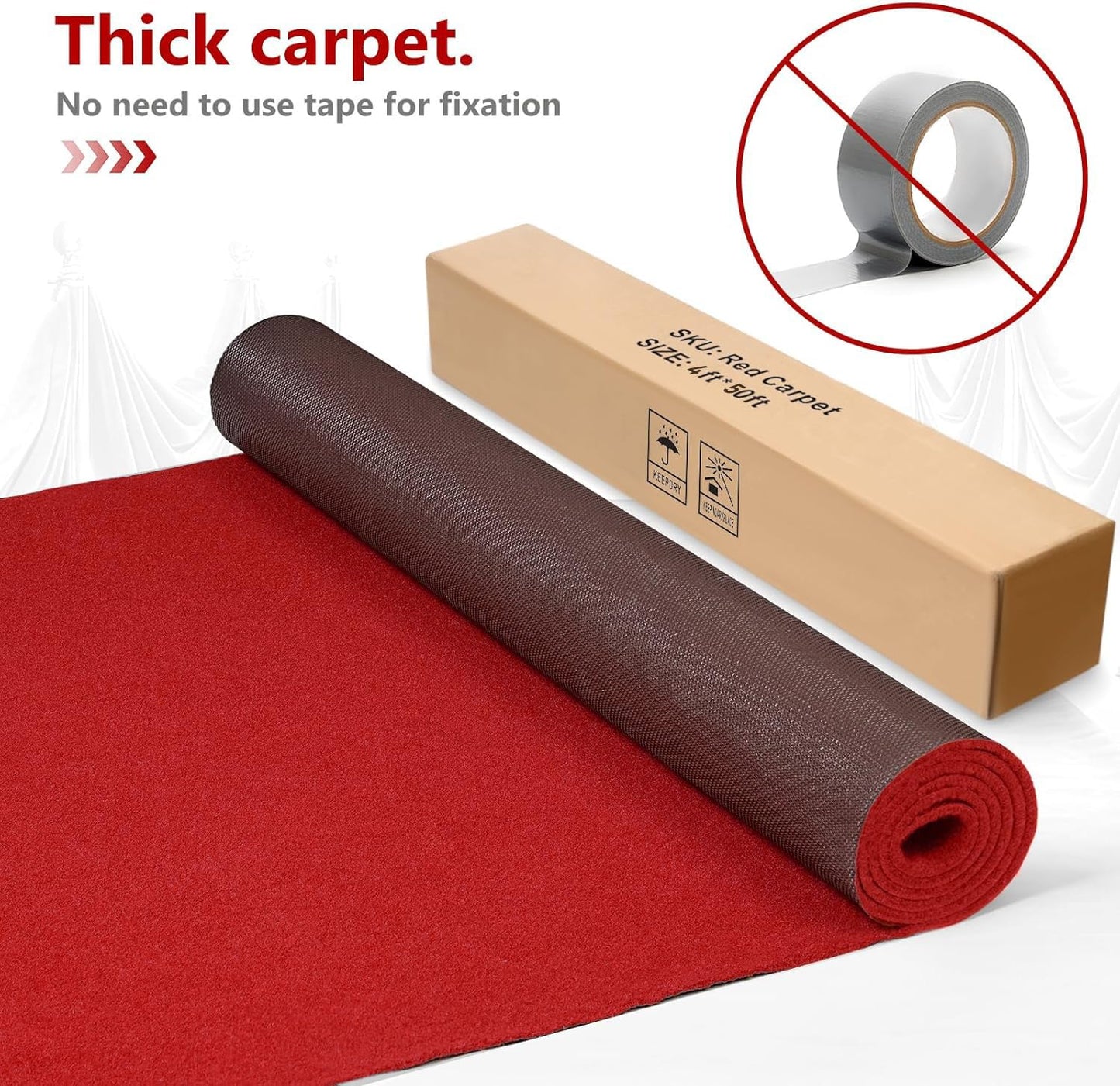 PBHEPJ 4ft x 50ft Extra Thick Red Carpet Runner for Party & Hollywood, Festival Celebration, Wedding, Graduation Ceremony, Award Ceremony, VIP Reception, Heavy-Duty, Non-Slip TPR Rubber