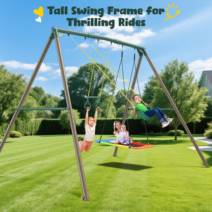 Hapfan 9.5' Tall Swing Sets for Backyard with Platform Swing, Heavy Duty Metal Swingset Outdoor for Kids with Trapeze Bar (Green and Brown)