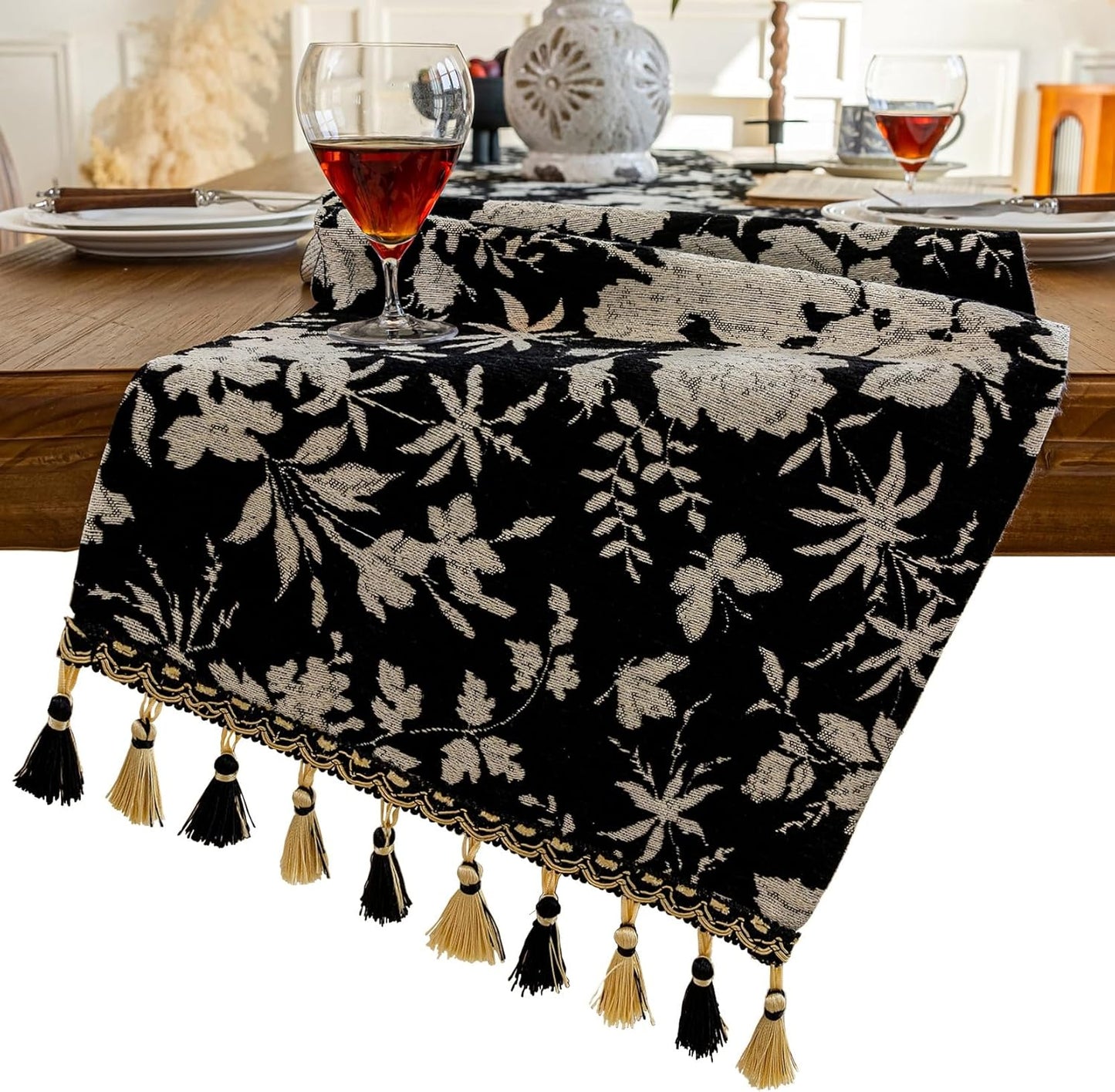 13 82 Inch Floral Jacquard Dining Table Runner with Fringe Elegant Natural End Table Runner for Graden Kitchen