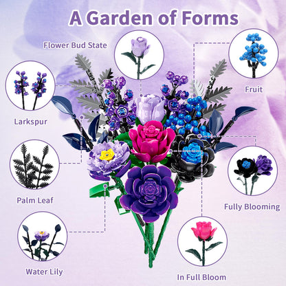 YOIUSFR 759 Pcs Purple Rose Flower Bouquet Building Set, Botanical Collection Kit Artificial Fake Flowers Blocks, Home Table Decor Aesthetic for Gifts for Birthday, DIY Craft