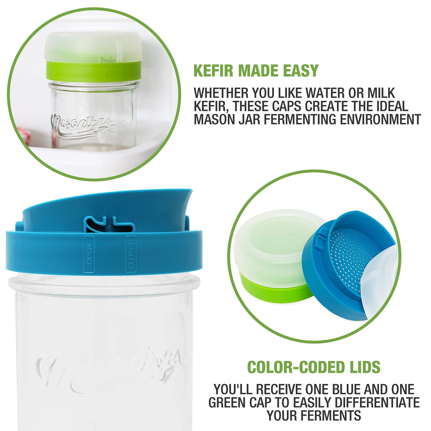 Masontops kefir lid mason jar lids wide mouth mason jar lids living culture grain drainer starter kit for home fermentation 2 packs