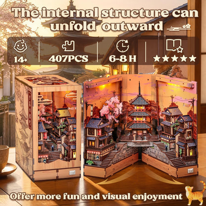 CUTEBEE Book Nook Kit – DIY Miniature House Diorama Kit for Adults, Japanese Kyoto Street Booknook Twilight Sakura Path, 3D Wooden Puzzle Bookshelf Insert, Fold-Out Dollhouse Decor Gift