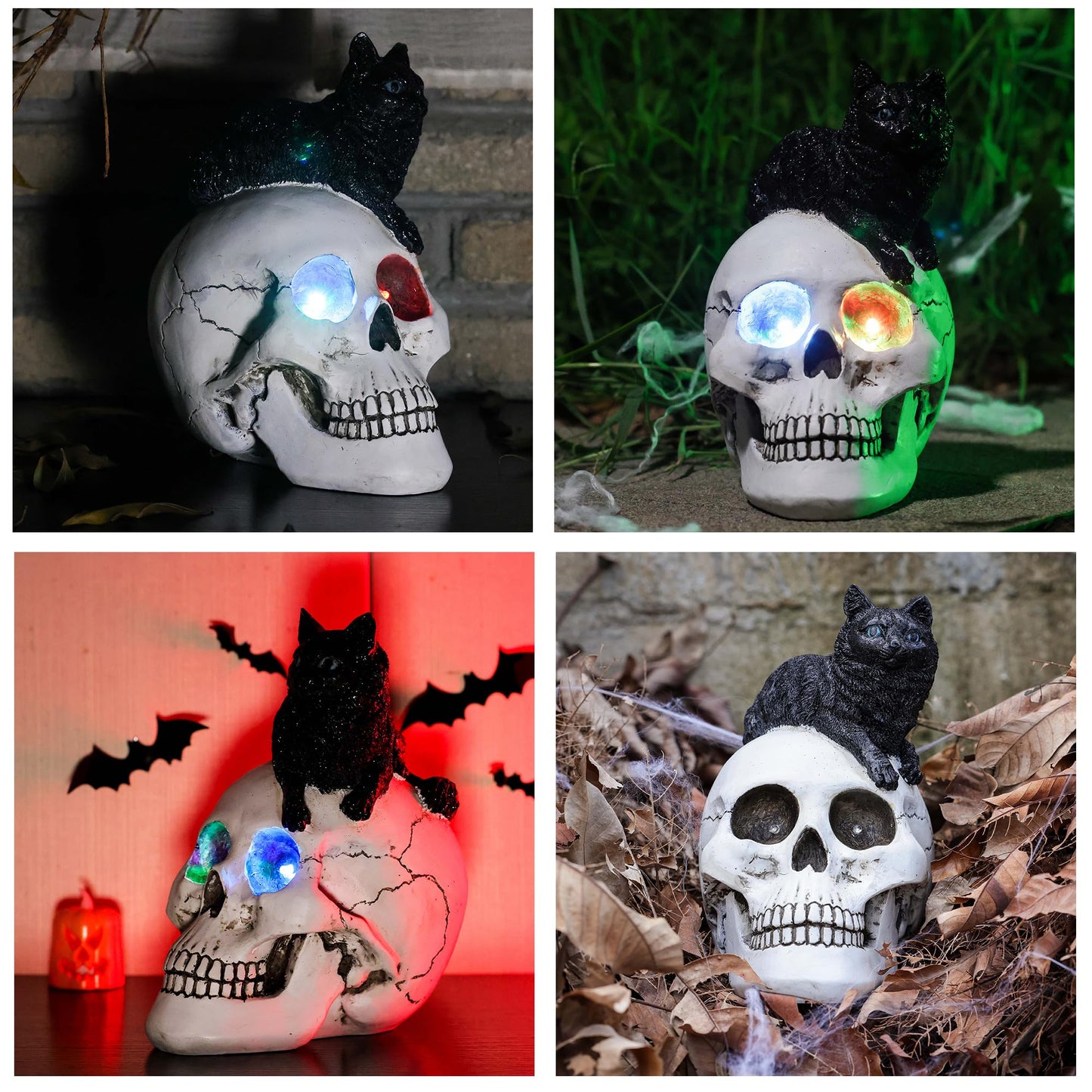 Yiosax Skull and Black Cat Halloween Decor, White, Yiosax-Halloween01