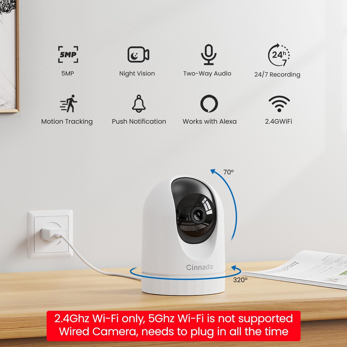 Cinnado Security Camera Indoor-2K 360° WiFi Cameras for Home Security，Pet/Dog/Baby Camera with Phone app, 2-Way Audio, Night Vision, 24/7 SD Card Storage, Works with Alexa & Google Home (2.4Ghz)-D1