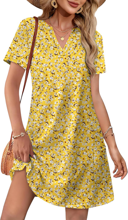 WIHOLL Dresses for Women 2025 Casual Summer V Neck Wedding Guest Dress Short Sleeve Fashion Beach Vacation Clothes