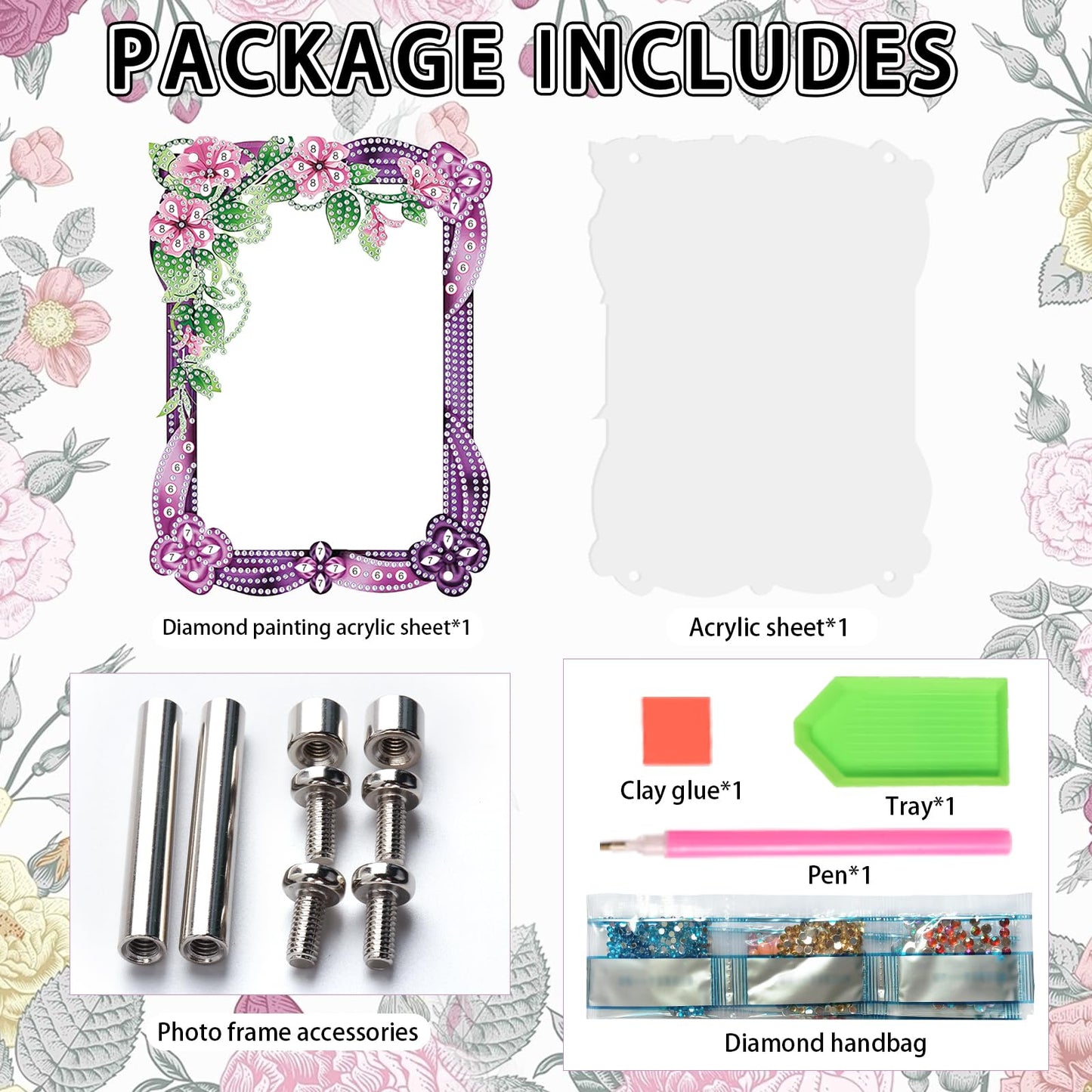 5D Diamond Art Painting Kits Photo Frames with Stand, Flowers Diamond Art Kits Photo Frame Desktop, 5D Special Shape Crystal Rhinestones Diamond Art Kits for Home Living Room Office Table Top Decor